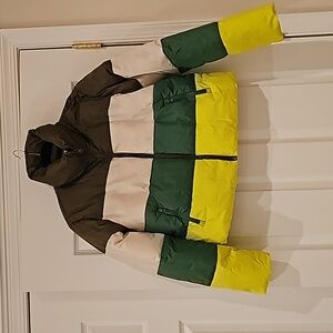 Steve Madden Short Winter Puffer Coat, Size Medium, Green and Cream Stripes, NWT